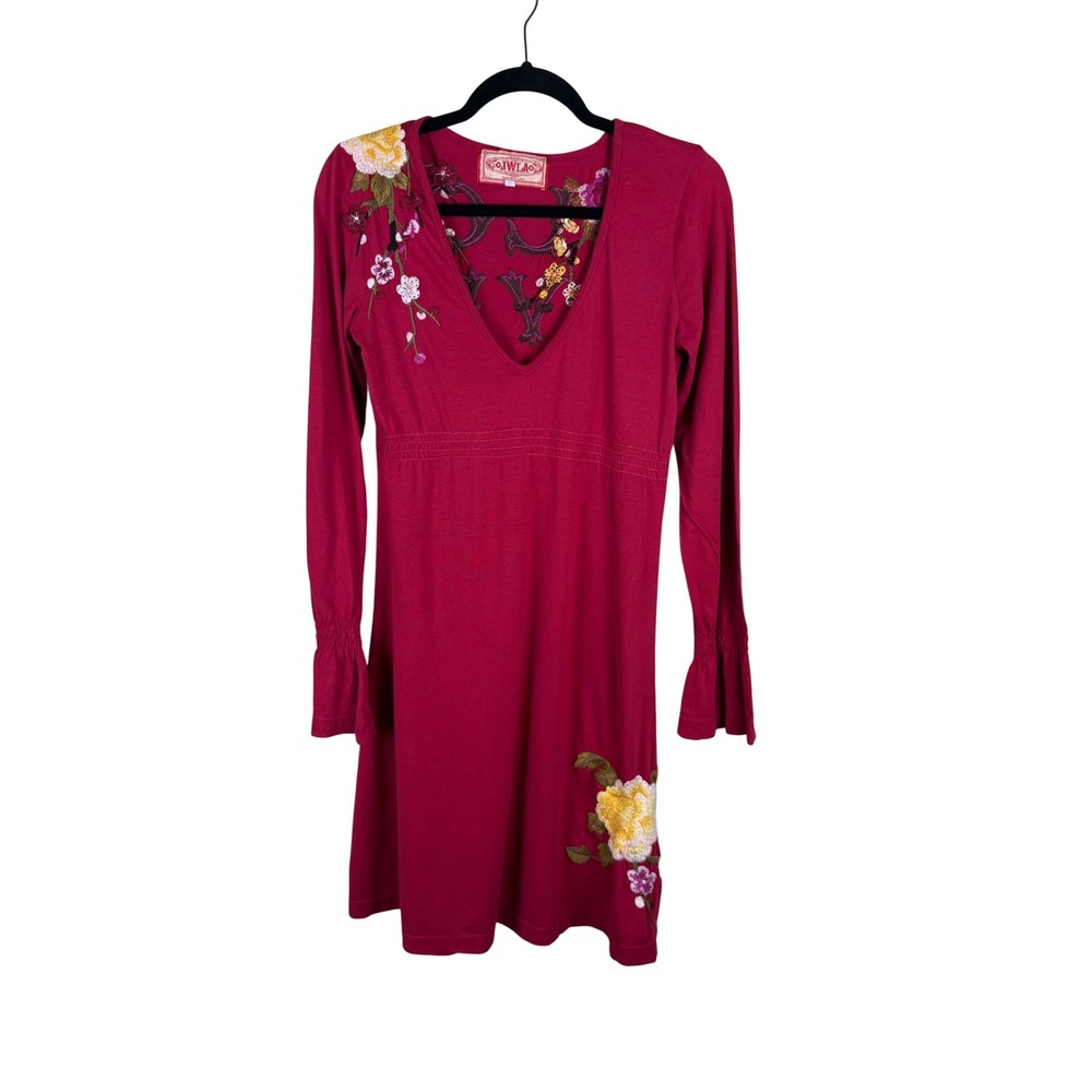 JWLA Johnny Was Embroidered Love Floral V-Neck Long Sleeve Dress Berry Red M